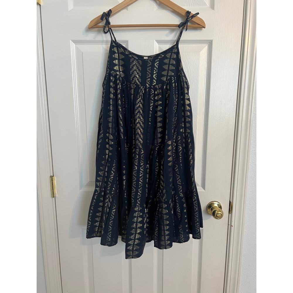 Elan Metallic Gold Boho Tiered Mini Dress Navy Black Festival Small